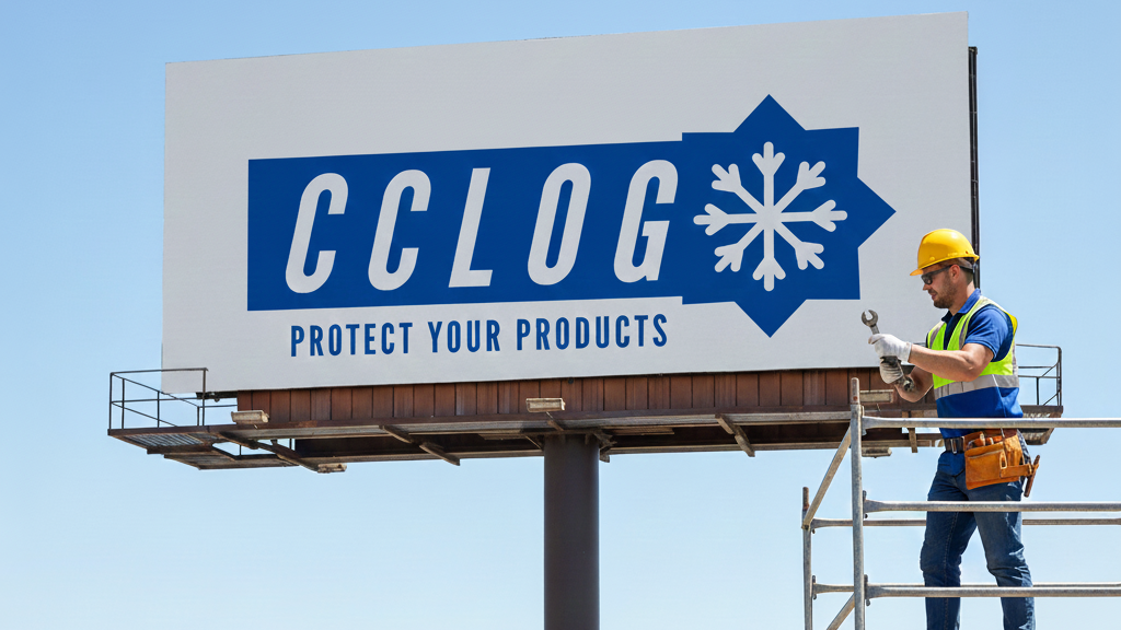 Person on scaffolding working on a CCLOG billboard by a highway.